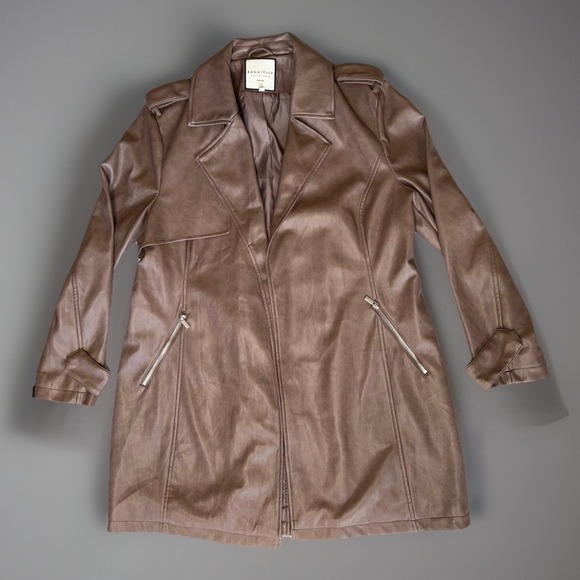 bagatelle Jackets & Blazers - NWOT Bagatelle Brown Faux Leather Long Moto Jacket Zip Pockets Women's Size XL